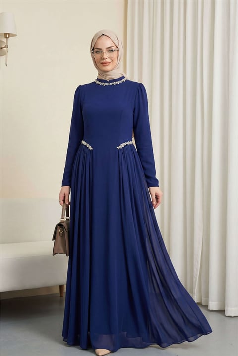Yakası Ve Beli Taşlı Yanları Tül  Detaylı  Astarlı Krep Elbise  -Saks-Elbise-316-4868-R10