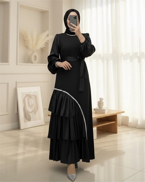 Yakası Ve Eteği Taşlı Kemerli Saten Detaylı Krep Elbise -Siyah-Elbise-316-4793-R01