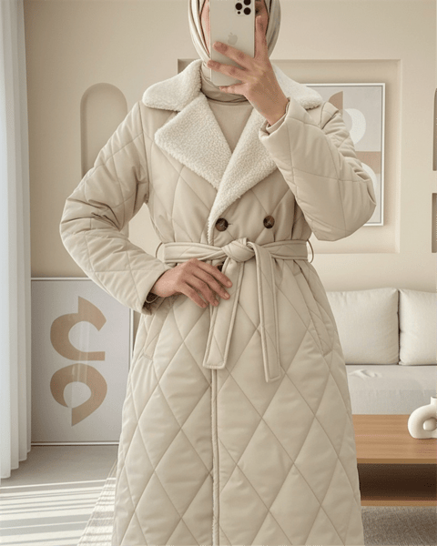 Yakası Ve İçi Peluşlu Astarlı Beli Kemerli Cepli Kapitone Kaban  -Bej-Kaban-349-8026-R56