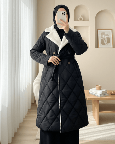 Yakası Ve İçi Peluşlu Astarlı Beli Kemerli Cepli Kapitone Kaban -Siyah-Kaban-349-8026-R01