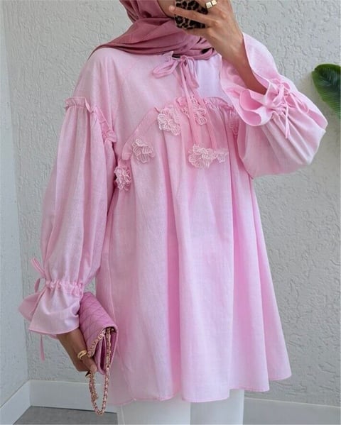 Yakası Ve Kolları Bağlamalı Önü Çiçek Detaylı Gömlek -Pembe-Gömlek-307-2311-R20