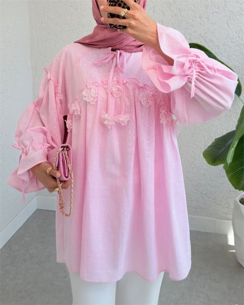 Yakası Ve Kolları Bağlamalı Önü Çiçek Detaylı Gömlek -Pembe-Gömlek-307-2311-R20