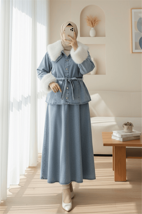 Yakası Ve Kolları Kürklü Beli Kuşaklı Bebe Yaka Kot Takım -Buz Mavi-Takım-197-4087-R37