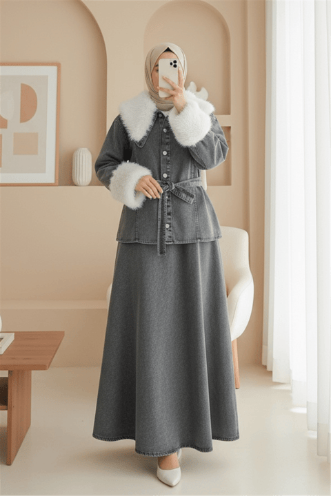 Yakası Ve Kolları Kürklü Beli Kuşaklı Bebe Yaka Kot Takım -Füme-Takım-197-4087-R18