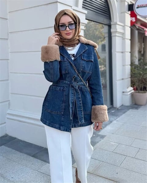 Yakası Ve Kolu Kürklü Önü Bağlamalı Cepli Kot Ceket -İndigo-Ceket-197-4086-R21