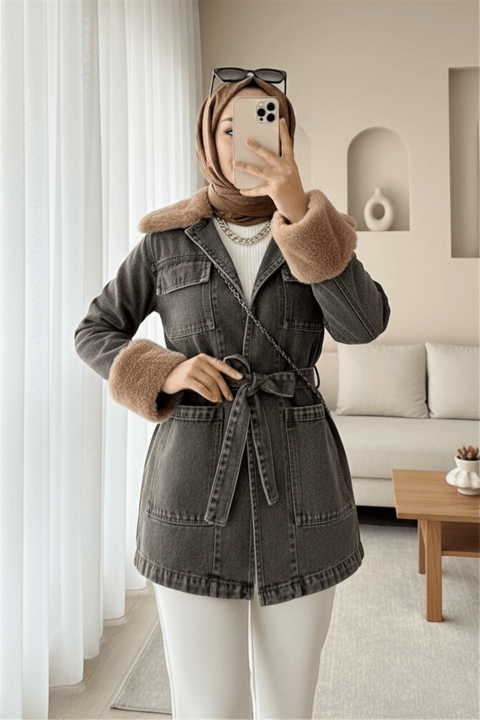Yakası Ve Kolu Kürklü Önü Bağlamalı Cepli Kot Ceket  -Füme-Ceket-197-4086-R18