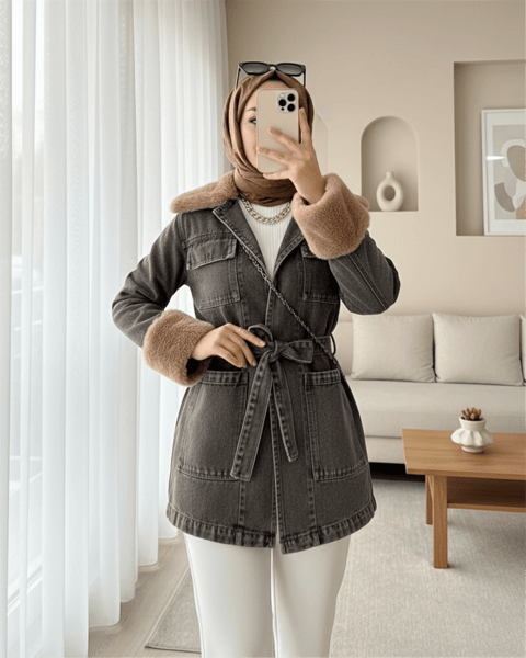 Yakası Ve Kolu Kürklü Önü Bağlamalı Cepli Kot Ceket  -Füme-Ceket-197-4086-R18