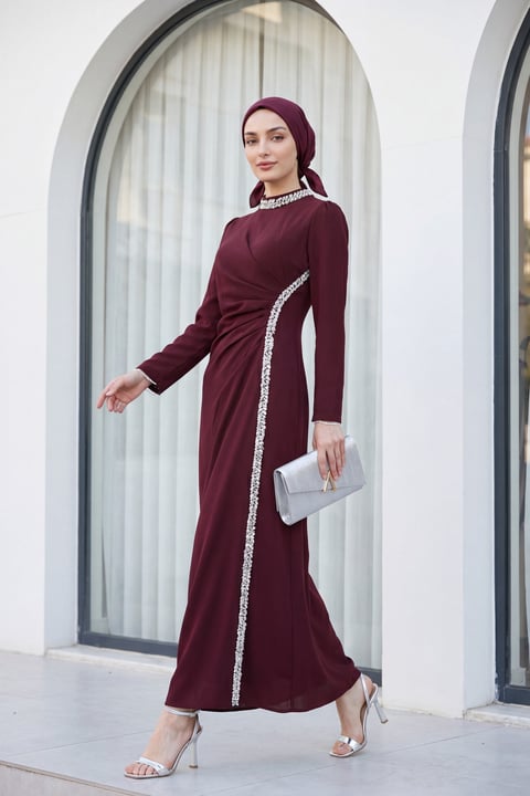 Yakası Ve Yanı Taşlı Drapeli Krep Abiye -Koyu Bordo