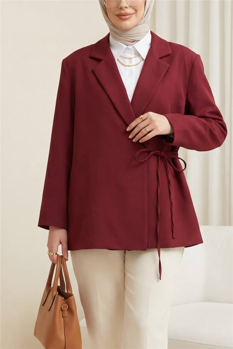 Yandan Bağcıklı Arkası Yırtmaçlı Astarlı Double Krep Ceket -Bordo-Ceket-418-1915-R04