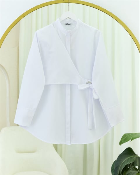 Yandan Bağlamalı Boydan Düğmeli Tunik -Beyaz-Tunik-223-3056-R02