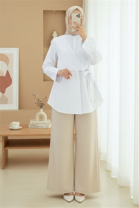 Yandan Bağlamalı Boydan Düğmeli Tunik -Beyaz-Tunik-223-3056-R02