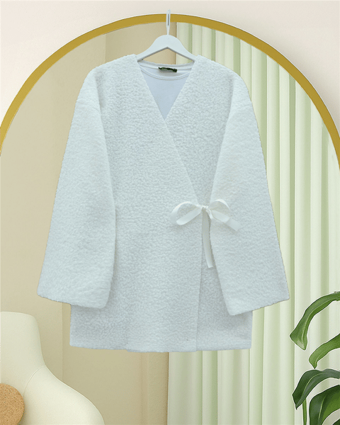 Yandan Bağlamalı Buklet Kimono   -Beyaz-Ceket-253-12961-R02