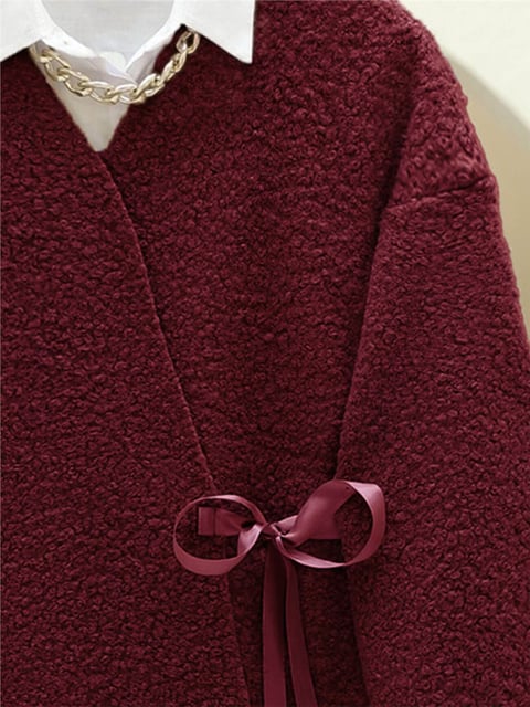 Yandan Bağlamalı Buklet Kimono  -Bordo-Kimono&Kaftan-253-12961-R04