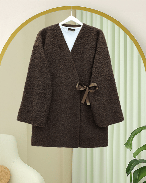 Ceket-Yandan Bağlamalı Buklet Kimono   -K. Kahve-253-12961-R54