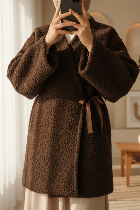 Yandan Bağlamalı Buklet Kimono   -K. Kahve-Ceket-253-12961-R54