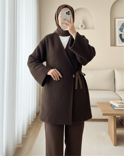 Yandan Bağlamalı Buklet Kimono   -K. Kahve-Ceket-253-12961-R54