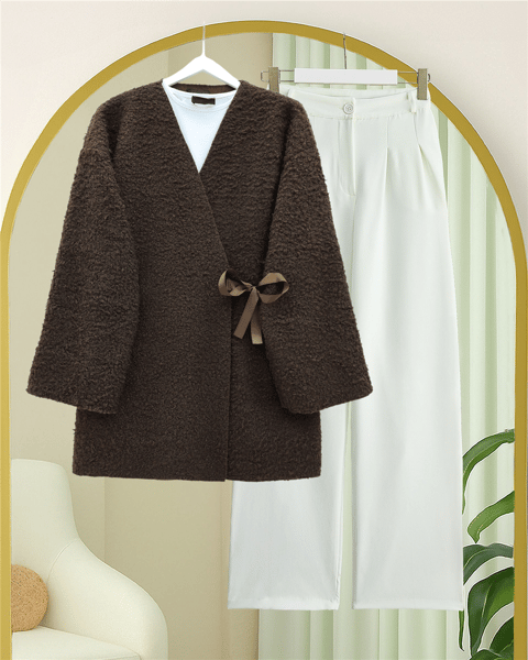 Ceket-Yandan Bağlamalı Buklet Kimono   -K. Kahve-253-12961-R54