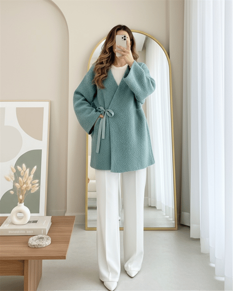 Yandan Bağlamalı Buklet Kimono   -Mint-Ceket-253-12961-R24