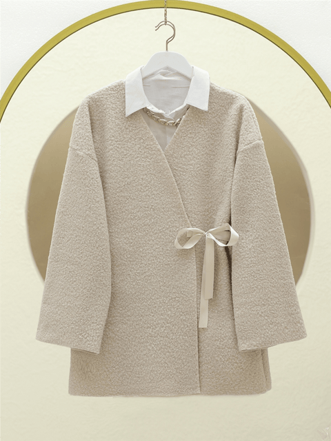 Yandan Bağlamalı Buklet Kimono -Taş-KİMONO&KAFTAN-253-12961-R43