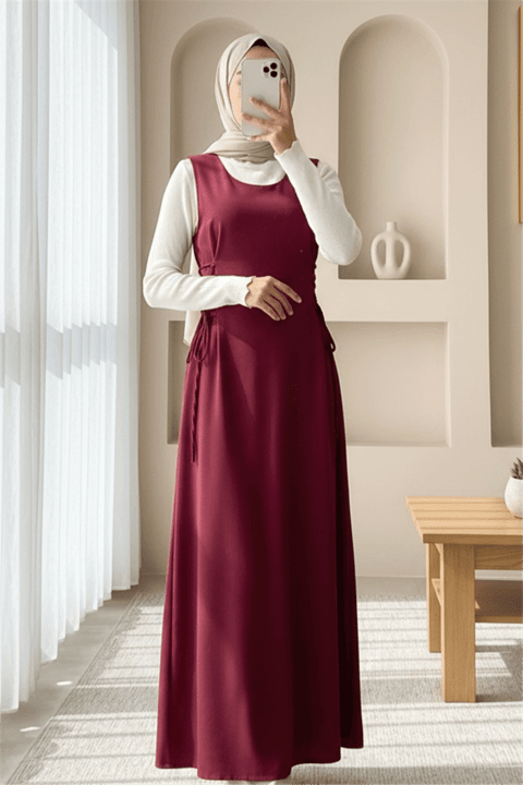 Yandan Bağlamalı Double Kumaş Jile  -Bordo-Elbise-111-61602-R04