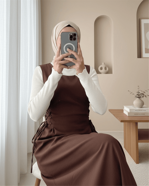 Yandan Bağlamalı Double Kumaş Jile  -Kahve-Elbise-111-61602-R15
