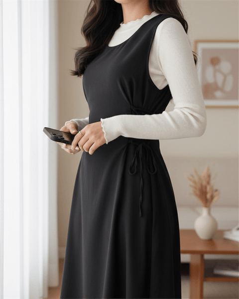 Yandan Bağlamalı Double Kumaş Jile  -Siyah-Elbise-111-61602-R01