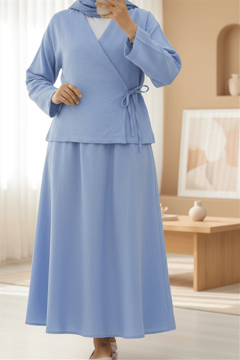 Yandan Bağlamalı Etekli Keten Takım -Bebe Mavi-Takım-346-3070-R32