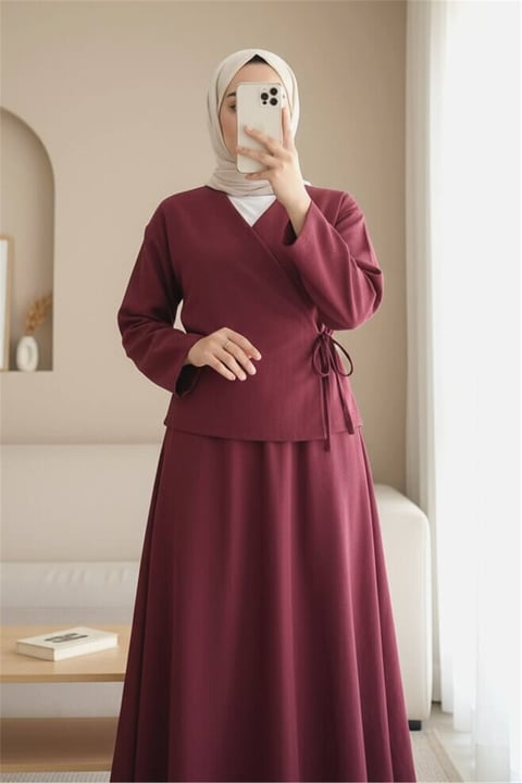 Yandan Bağlamalı Etekli Keten Takım -Bordo-Takım-346-3070-R04
