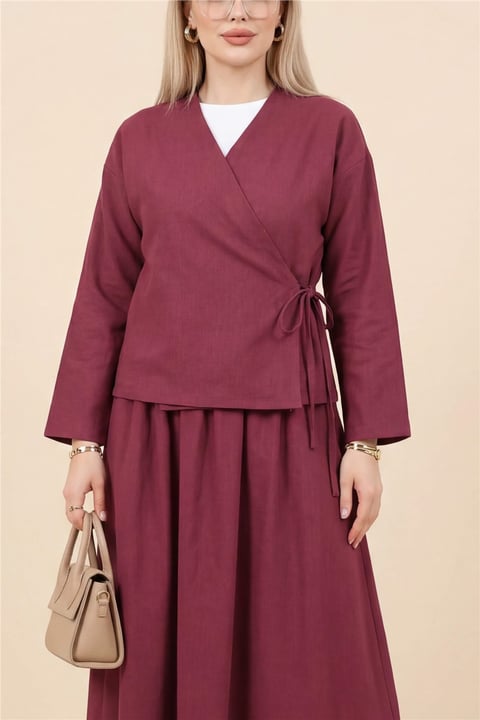 Yandan Bağlamalı Etekli Keten Takım -Bordo-Takım-346-3070-R04