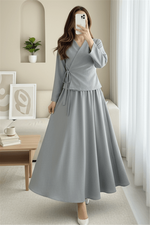 Yandan Bağlamalı Etekli Keten Takım  -Gri-Takım-223-3050-R11