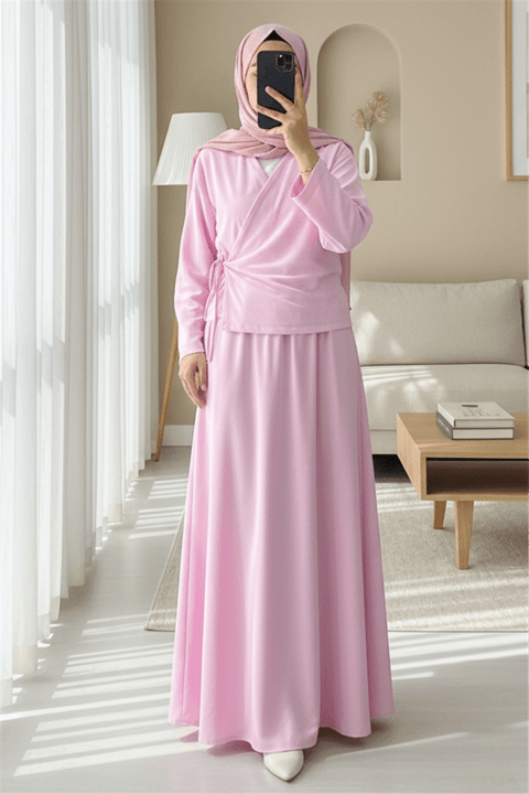 Yandan Bağlamalı Etekli Keten Takım   -Pudra-Takım-223-3050-R06