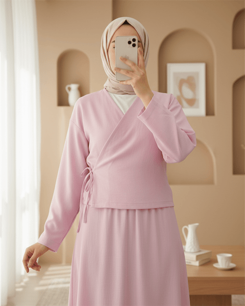 Yandan Bağlamalı Etekli Keten Takım   -Pudra-Takım-223-3050-R06