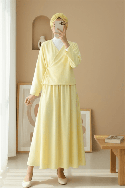 Yandan Bağlamalı Etekli Keten Takım  -Sarı-Takım-346-3070-R22