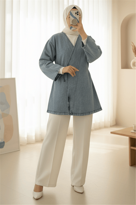 Yandan Bağlamalı Kot Kimono -Açık Mavi-Ceket-111-50718KOT-R25
