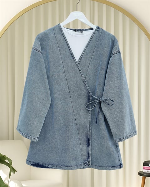 Yandan Bağlamalı Kot Kimono -Açık Mavi-Ceket-111-50718KOT-R25