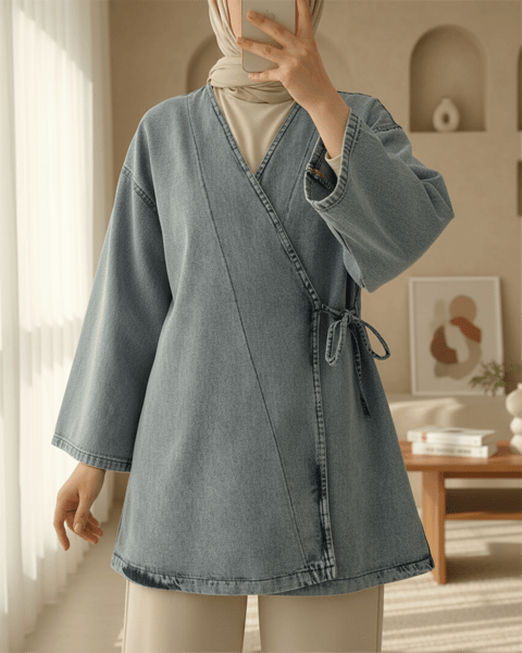 Yandan Bağlamalı Kot Kimono -Açık Mavi-Ceket-111-50718KOT-R25