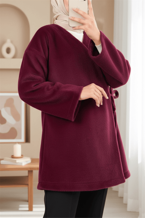 Yandan Bağlamalı Kürklü Ceket  -Bordo-Ceket-111-50718-R04