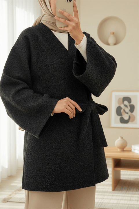 Yandan Bağlamalı Sakallı Kimono  -Siyah-Kimono & Kaftan-398-66000-R01