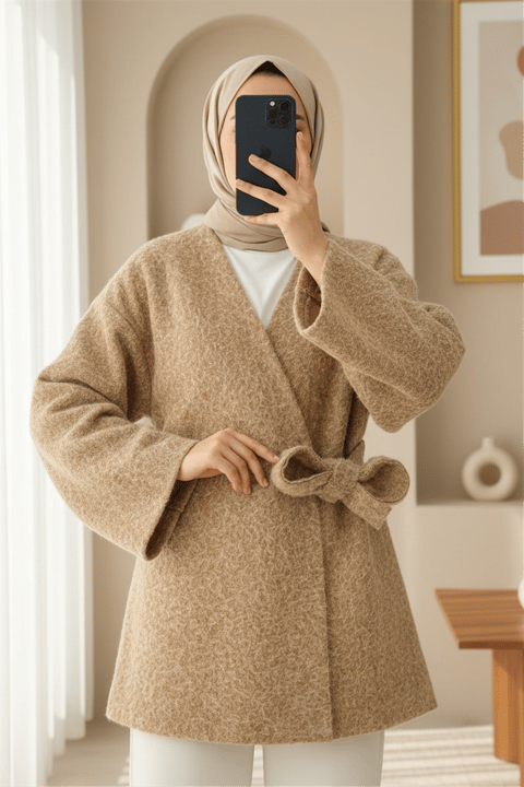 Yandan Bağlamalı Sakallı Kimono  -Vizon-Kimono & Kaftan-398-66000-R23