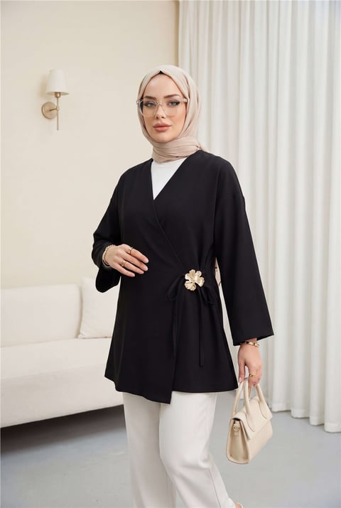 Yandan Çapraz Bağlamalı Tokalı Modal Tunik -Siyah-Tunik-111-50816-R01