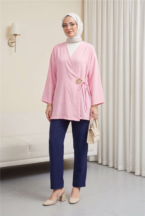 Yandan Çapraz Bağlamalı Tokalı Modal Tunik -Pembe-Tunik-111-50816-R20