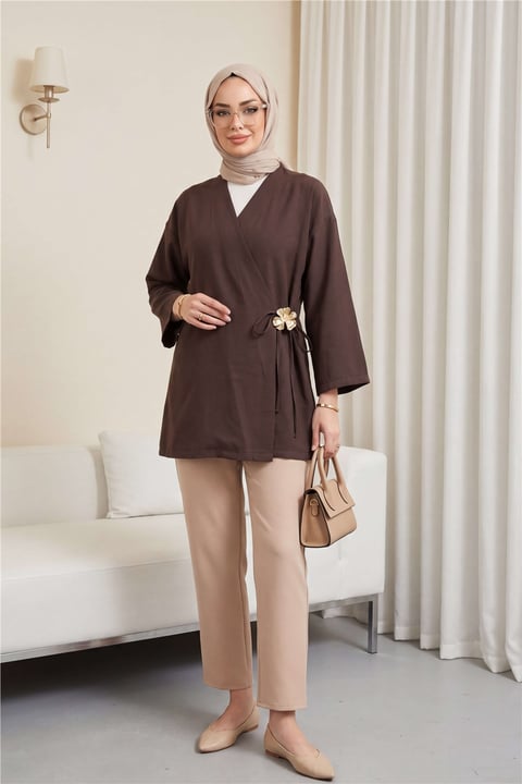 Yandan Çapraz Bağlamalı Tokalı Modal Tunik -Kahverengi-Tunik-111-50816-R15