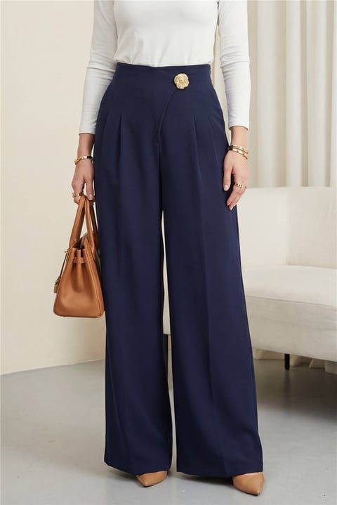 Yandan Fermuarlı Broşlu Katlama Detaylı Bol Paça Krep Pantolon  -Laci-Pantolon-246-5349-R03