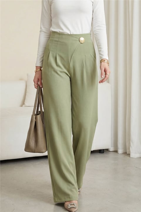 Yandan Fermuarlı Broşlu Katlama Detaylı Bol Paça Krep Pantolon  -Çağla Y.-Pantolon-246-5349-R70