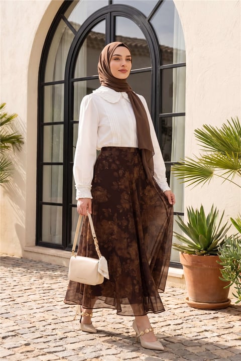 Yandan Fermuarlı Desenli Astarlı Şifon Etek  -Haki-Etek-286-10082-R05
