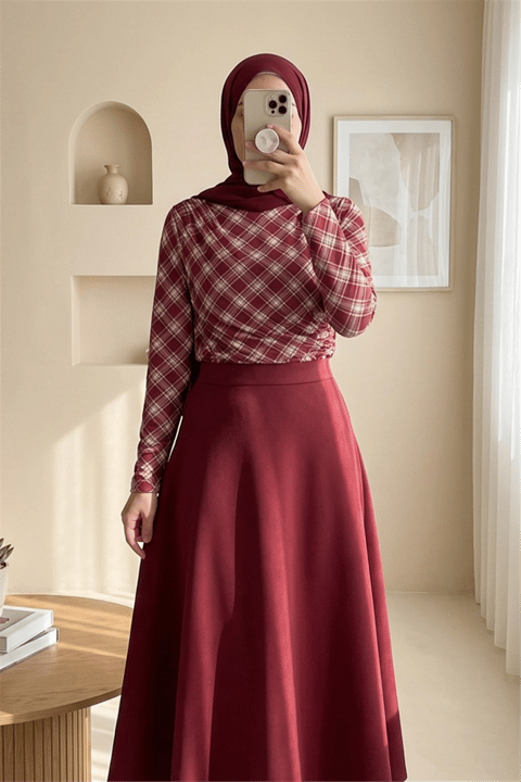 Yanı Büzgülü Ekose Desenli Bluz -Bordo-Bluz-246-2808-R04