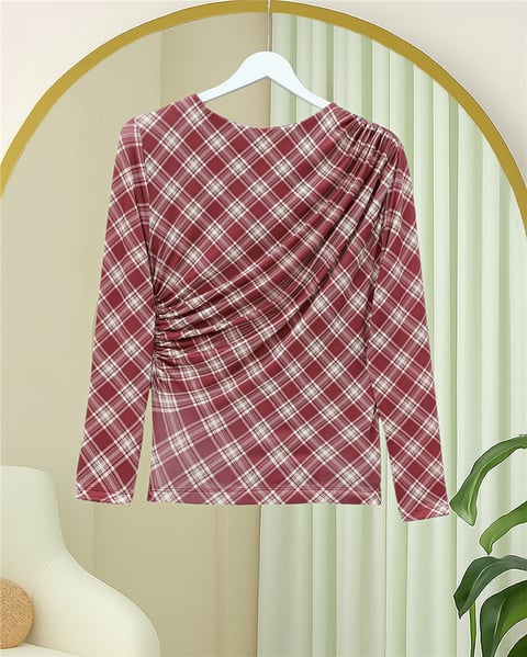 Yanı Büzgülü Ekose Desenli Bluz -Bordo-Bluz-246-2808-R04