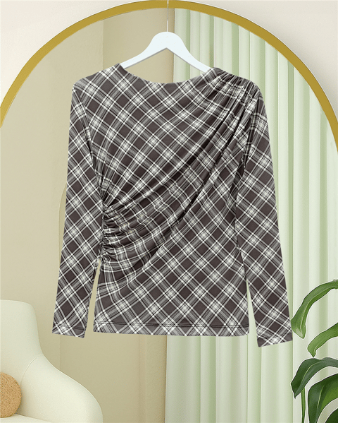 Yanı Büzgülü Ekose Desenli Bluz -Kahve-Bluz-246-2808-R15