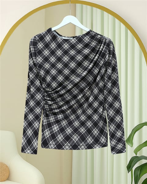 Yanı Büzgülü Ekose Desenli Bluz -Siyah-Bluz-246-2808-R01