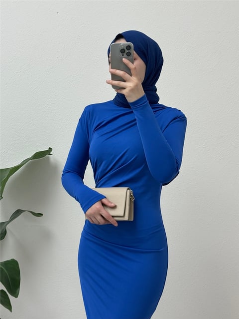 Elbise-فستان سكوبا طويل مع جانب مجمع - ساكس-395-1214-R10